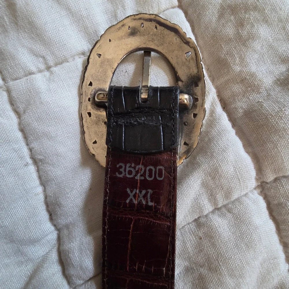Reversable Faux Croc Belt XXL Brown/Black Silver Filigree Buckle Vtg Western